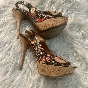 Guess Floral Cork Stilletto Heels 7.5